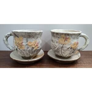 Vintage Hand Painted Signed Studio Pottery Tea Cups And Saucers Floral Design